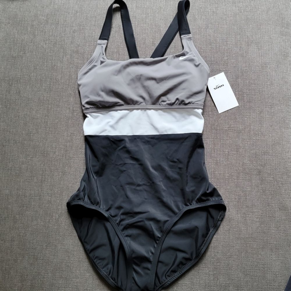 Nike Women's Gray, White & Black Racerback One Piece Swimsuit Size Large